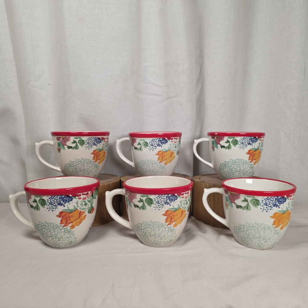 Pioneer Woman Country Garden Floral Coffee Mug Set of 6 Ceramic Red Rim